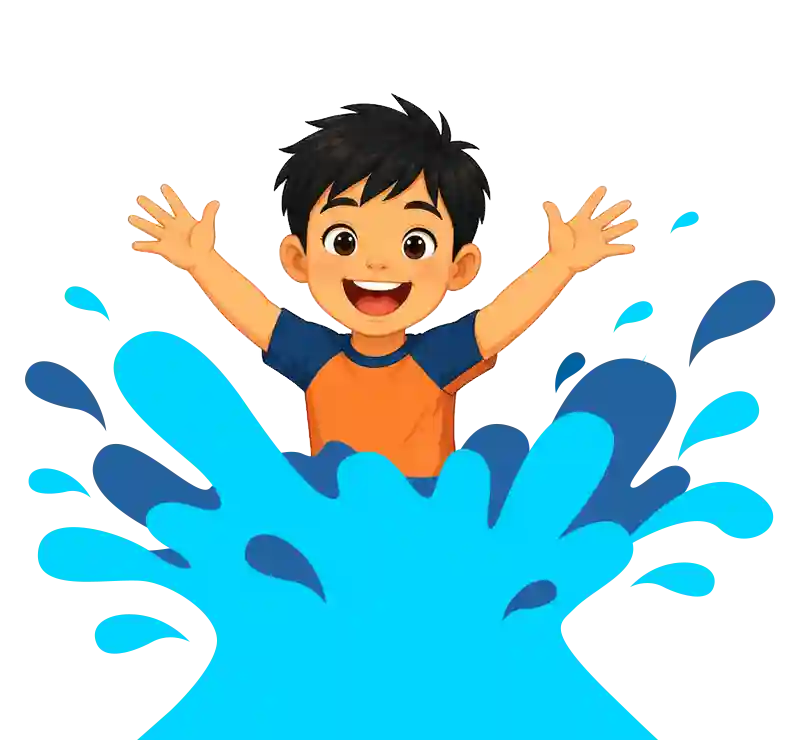 Cartoon: Happy, smiling nine-year-old boy with dark brown eyes, straight black hair, and medium complexion with both arms outstretched, palms out. He's wearing an orange rashguard shirt trimmed with navy blue around neck and on the short sleeves. The big, blue water splash sits from his waist down.
