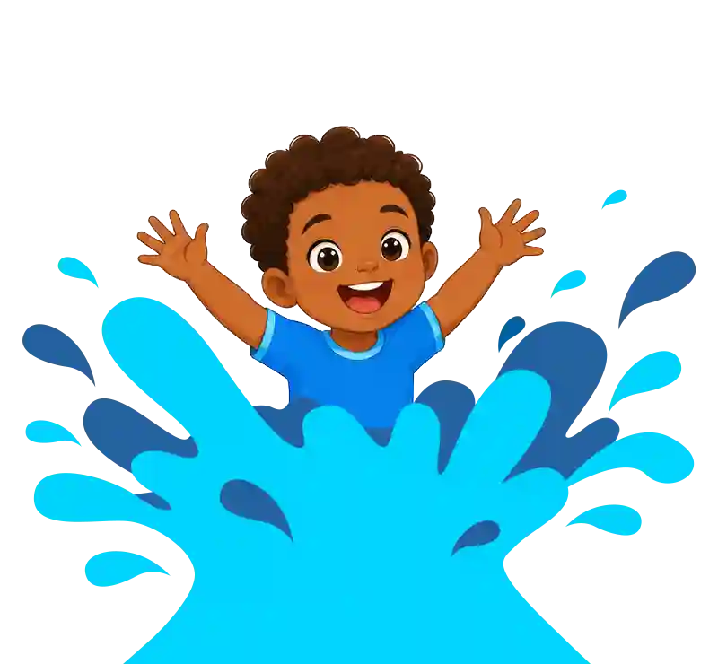 Cartoon: Happy, smiling four-year old boy with large, dark brown eyes, curly brown hair, and dark complexion. His arms are outstretched, palms out and wearing an ocean blue t-shirt with teal contrasting trim around neck and sleeves. A big, blue water splash from waist down.