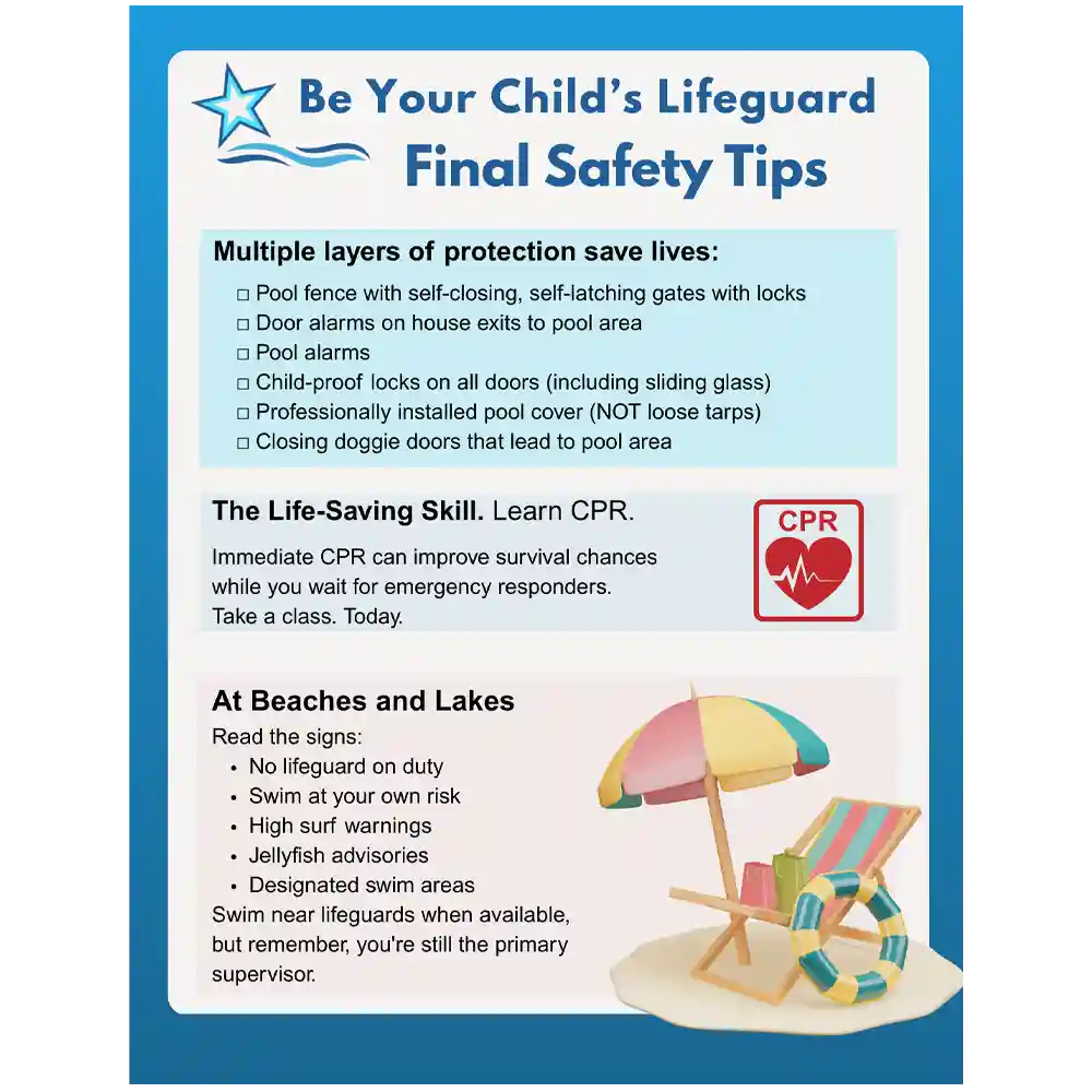 Inside look from the Water Safety Booklet, PDF digital, downloadable material. This page is titled, Be Your Child's Lifeguard, Final Safety Tips for employing multiple layers of protection, learn CPR, read posted signs at beaches and lakes.