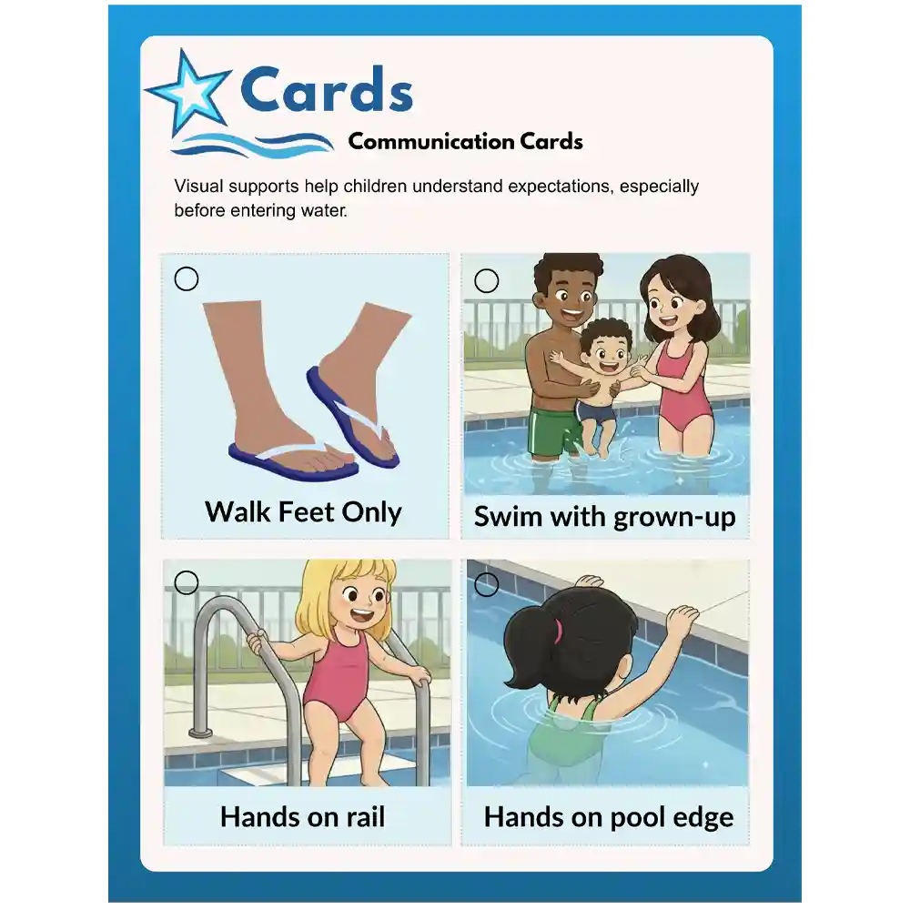 Inside look at a page from Visuals-Communication Materials, PDF digital, downloadable booklet. Shows 4 communication cards with corresponding images depicting--walk feet only (pool deck is implied), swim with grown-up, hands on (pool) rail, hands on pool edge.