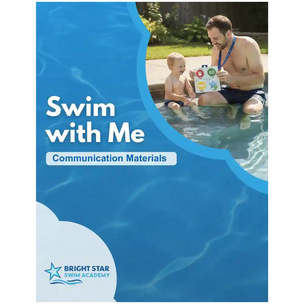 Cover page image of Visuals-Communication Materials PDF digital, downloadable booklet. In upper right corner is smiling dad and happy 2-year old boy sitting on the first step of pool with dad holding communication card for stop, go, wait, all done.