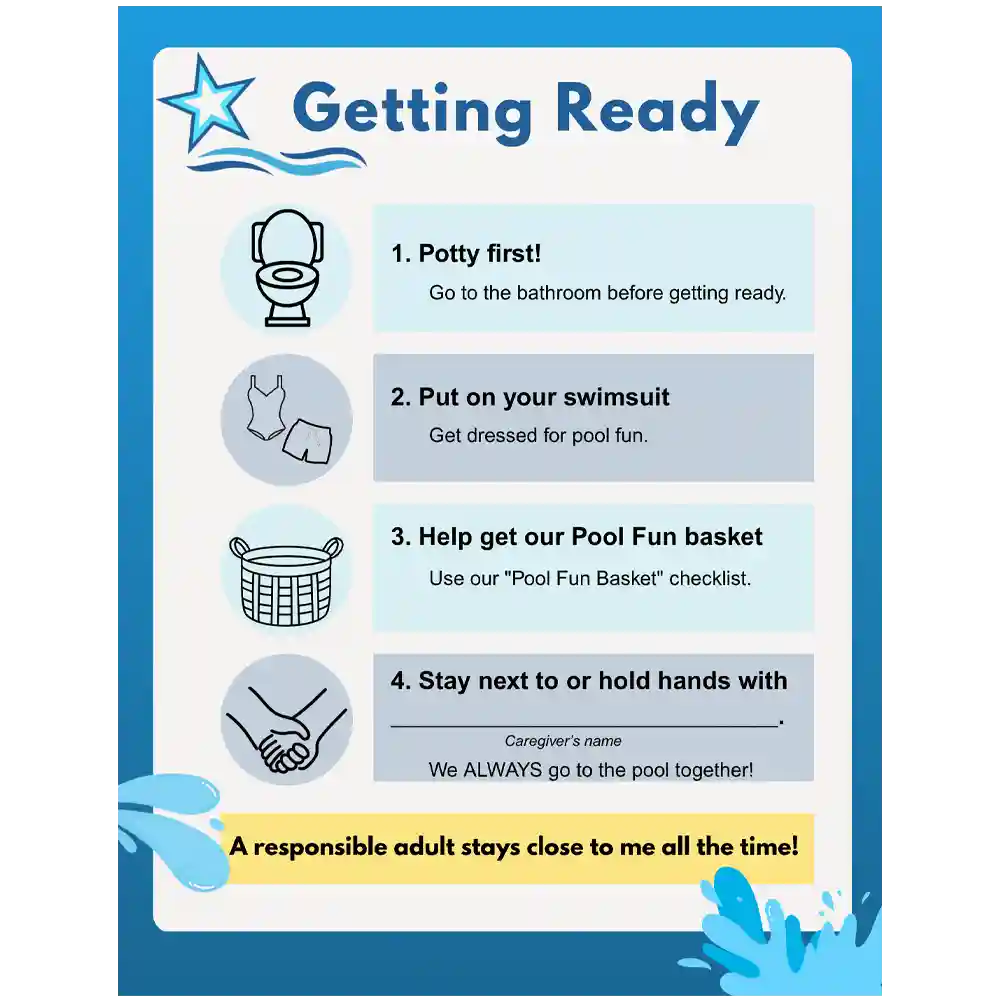Inside look image from Visuals-Communication Materials PDF digital, downloadable booklet, titled Getting Ready. This is a checklist on how to get ready for the pool--from potty first down to stay next to or hold hands with caregiver.